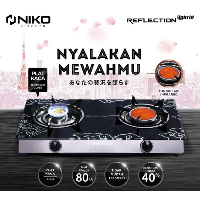 Niko Kompor Gas 2 Tungku Reflection Hybrid Api Lilin &amp; Api Bara