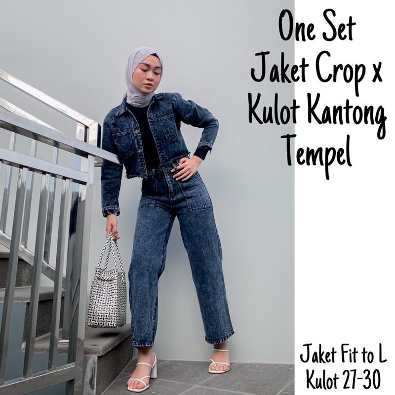 One Set Jaket Jeans Crop x Kulot Jeans Snow Black