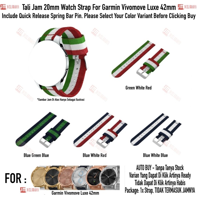 Tali Jam 20mm Watch Strap Garmin Vivomove Luxe 42mm - Nylon 3 Baris Quick Release