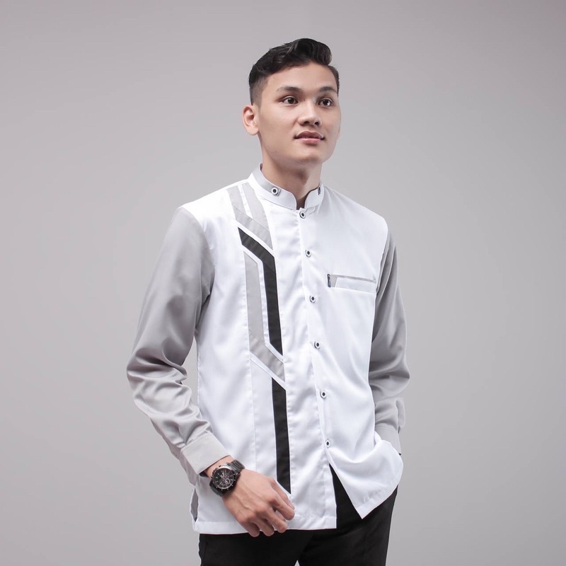 Baju Koko Silver Lengan Panjang Motif Sinergi Putih Abu Original Elrumi Toyobo Premium Slimfit Casual