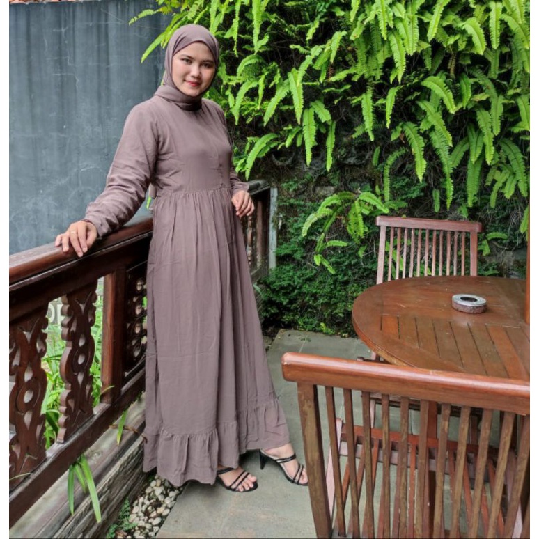 (Bisa COD) Gamis set hijab pashmina/gamis ceruty babydol full furing/ gamis syari-Taupe