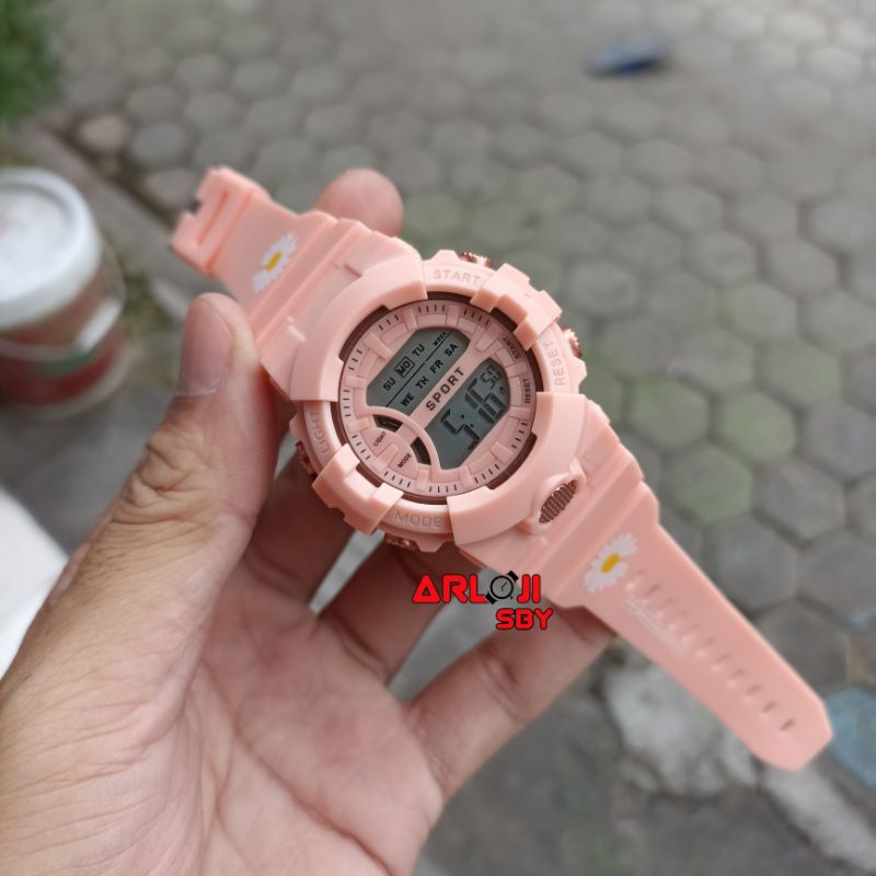 JAM TANGAN WANITA SPORT BUNGA DAISY DIGITAL STRAP RUBBER BUNGA BULAT TERMURAH