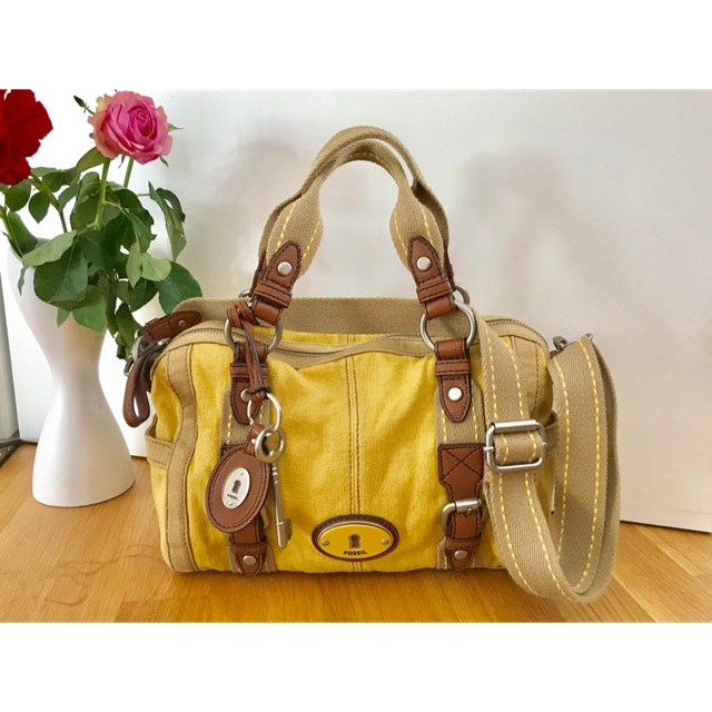 Tas FOSSIL Yellow Maddox Large Original Preloved Canvas Leather Selempang