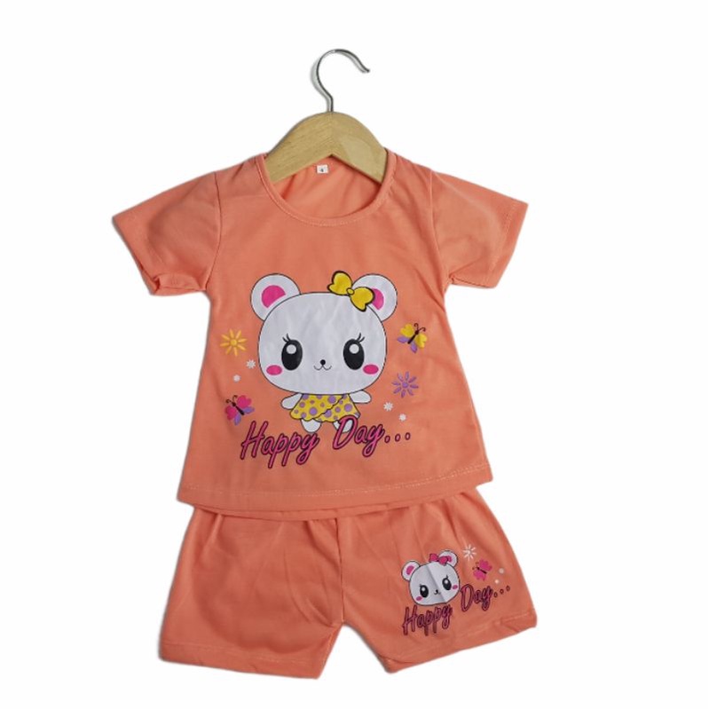 SETELAN ANAK SIKUNING PAKAIAN BAJU ANAK PEREMPUAN 2-7 TAHUN MOTIF HAPPY DAY CELANA PENDEK LENGAN PDK