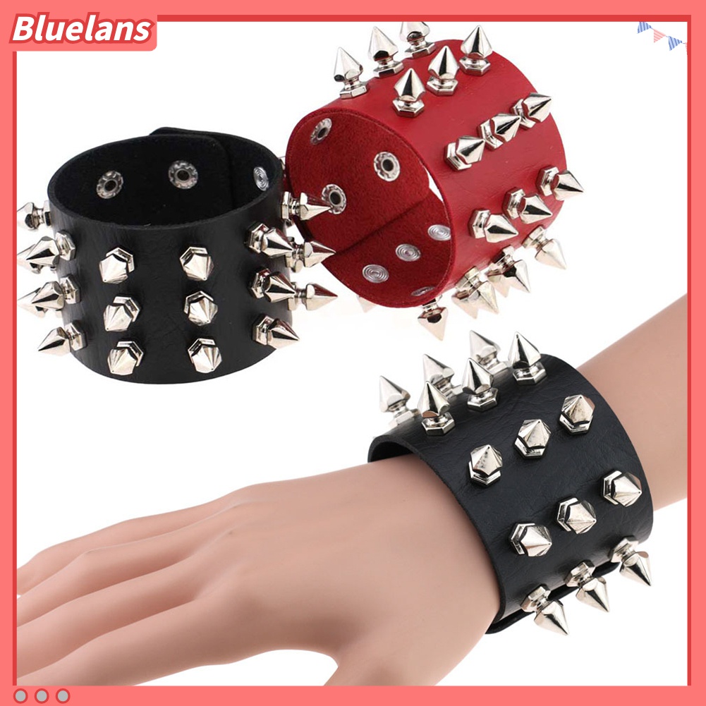 Bluelans Gelang Tangan Kulit Imitasi Aksen Rivet Kerucut Stainless Steel Gaya Punk Untuk Wanita