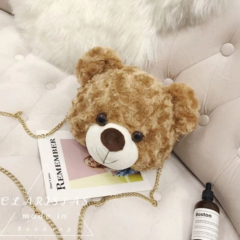 Tas Bulu Selempang KEPALA TEDDY BEAR Tas Boneka Kepala Beruang ALA KOREA