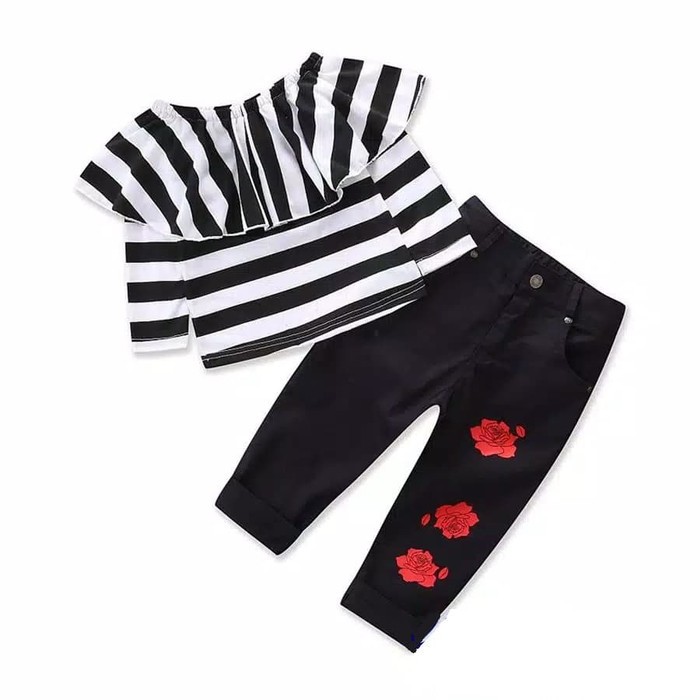 TBI Fashion Kids Import Setelan Sabrina Stripe + Celana Black Baju Anak