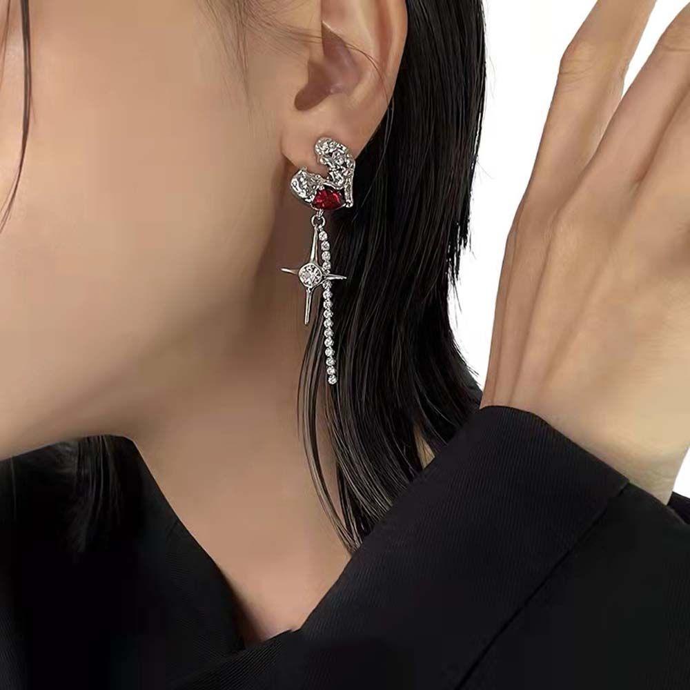 Mxbeauty Cinta Hati Anting Kepribadian Elegan Wanita Hadiah Lava Merah Berlian Imitasi Salib Menjuntai Anting-Anting