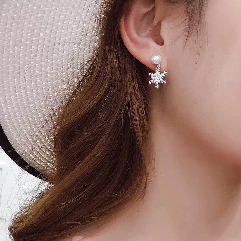 Mutiara anting-anting wanita elegan Korea gaya all-match kepingan salju Panjang liontin cincin telin