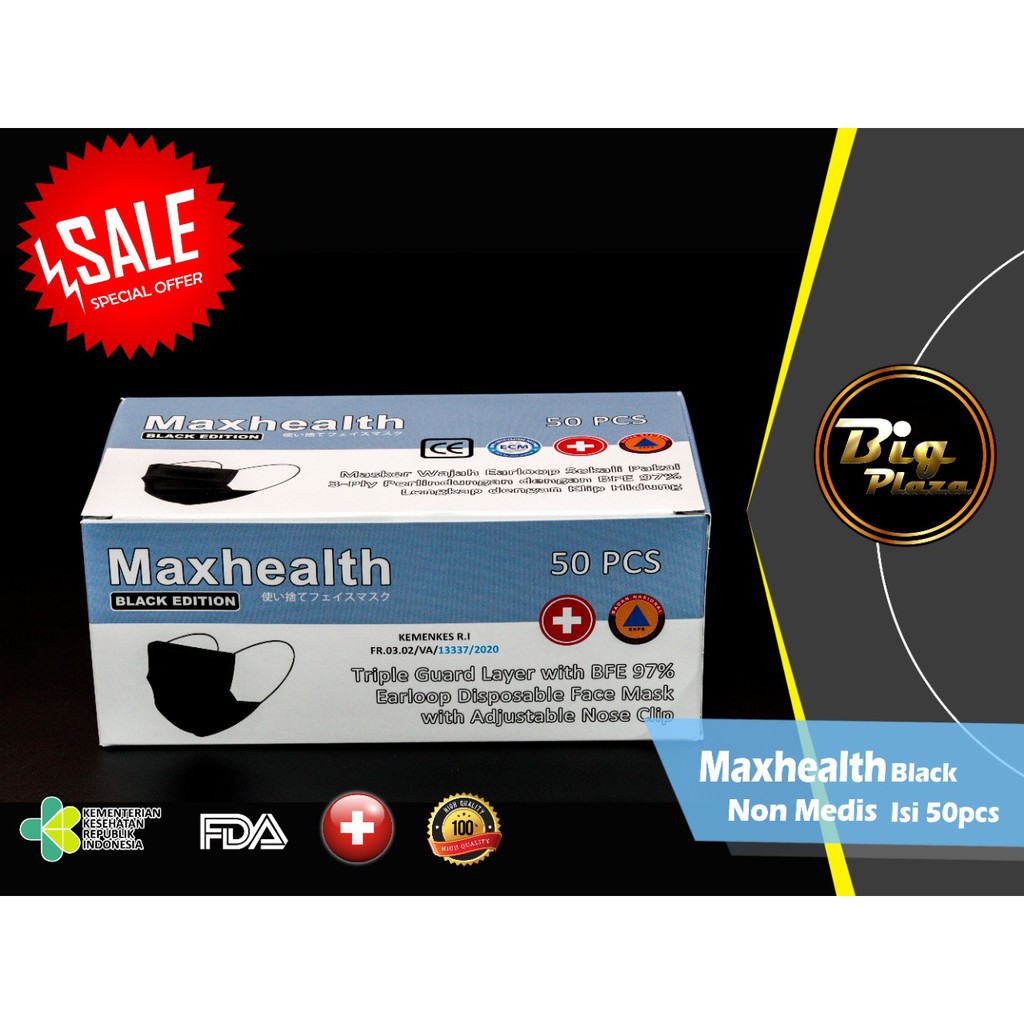 Black Earloop Maxhealth Masker 3ply Earloop Disposable Mask All Black - Big Plaza