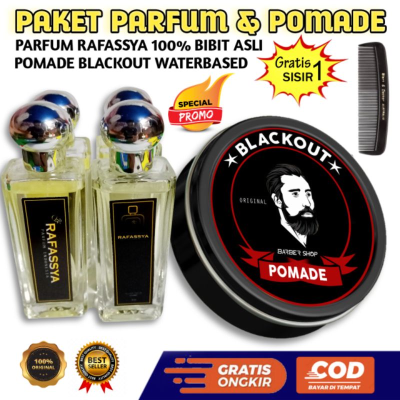 PAKET PARFUM RAFASSYA 100% BIBIT ASLI & MINYAK RAMBUT PRIA _ POMADE BLACKOUT ORIGINAL