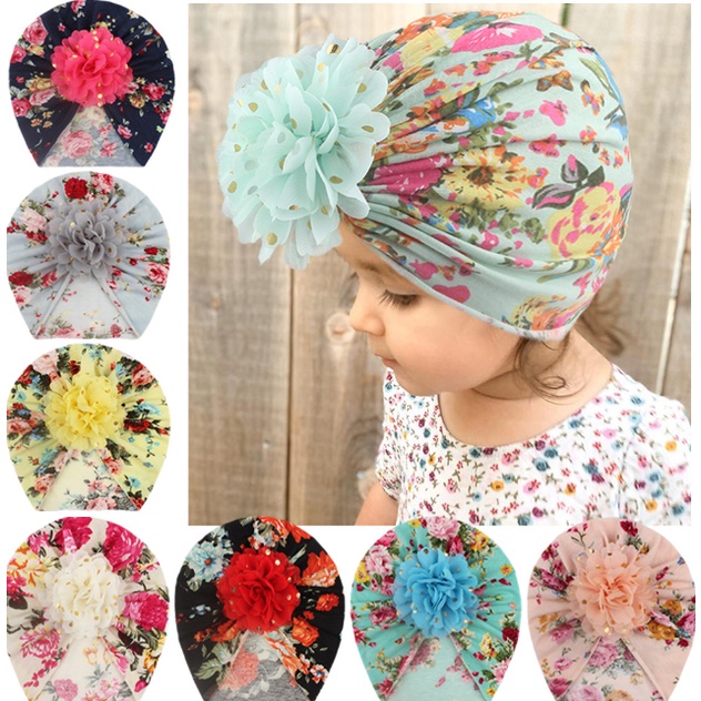 Caliloops Bandana Turban Topi Korea Bayi Motif Bunga Stretch Afza