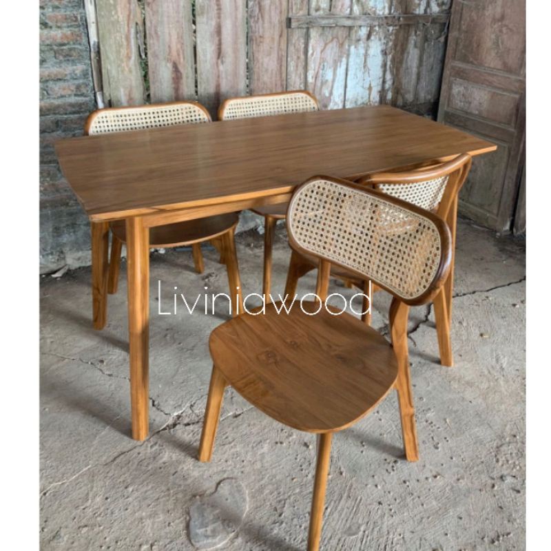 Meja makan set 4 kursi jati rotan 140cm, kursi cafe retro rotan asli Jepara