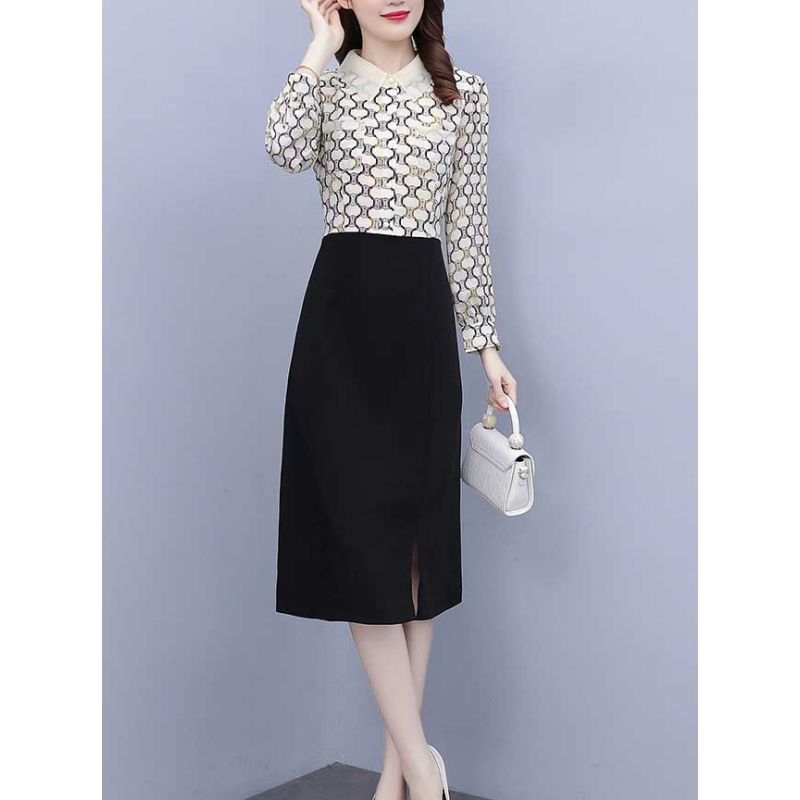 Dress wanita motif cantik + bawahan hitam korea lengan panjang  elegant