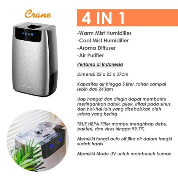 CRANE 4 IN 1 AIR PURIFIER AND HUMIDIFIER / Crane Humidifier 4 in 1 True Hepa EE-6908 / crane / PENGHARUM RUANGAN / PENYEGAR UDARA / PURIFIER / KESEHATAN UDARA / HEPA FILTER / IONIZER / ESSENTIALS OIL / ORIGINAL / BARU / CRANE MURAH / GARANSI RESMI