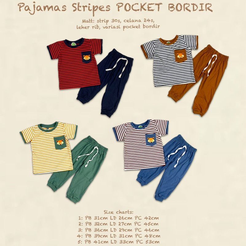Pajamas Stripes Pocket Bordir Pineapple / Setelan Pineapple Kids /  Setelan Anak Cowok / Setelan Ana