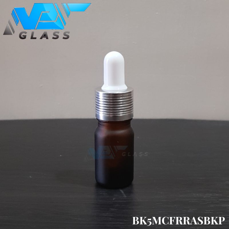 botol pipet kaca 5ml coklat amber doff / frosted - ring almunium silver bergaris