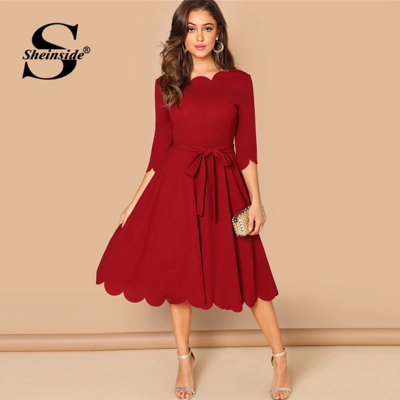 TERLARIS Sheinside Elegant Scallop Edge Bodycon Dress Women Burgundy 3/4 Sleeve Solid Pencil