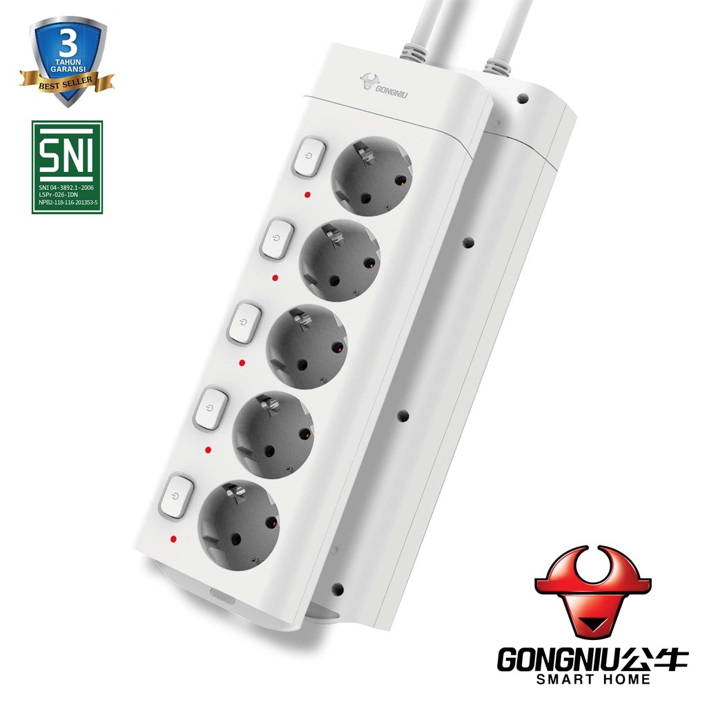 GONGNIU Stop Kontak Kulkas TV Komputer Gaming Dispenser Kipas Angin + Kabel 5 Lubang Saklar Panjang 1,5M - 5M + Kabel dengan 5 Switch /Stop Kontak / Colokan Kabel / Colokan Listrik