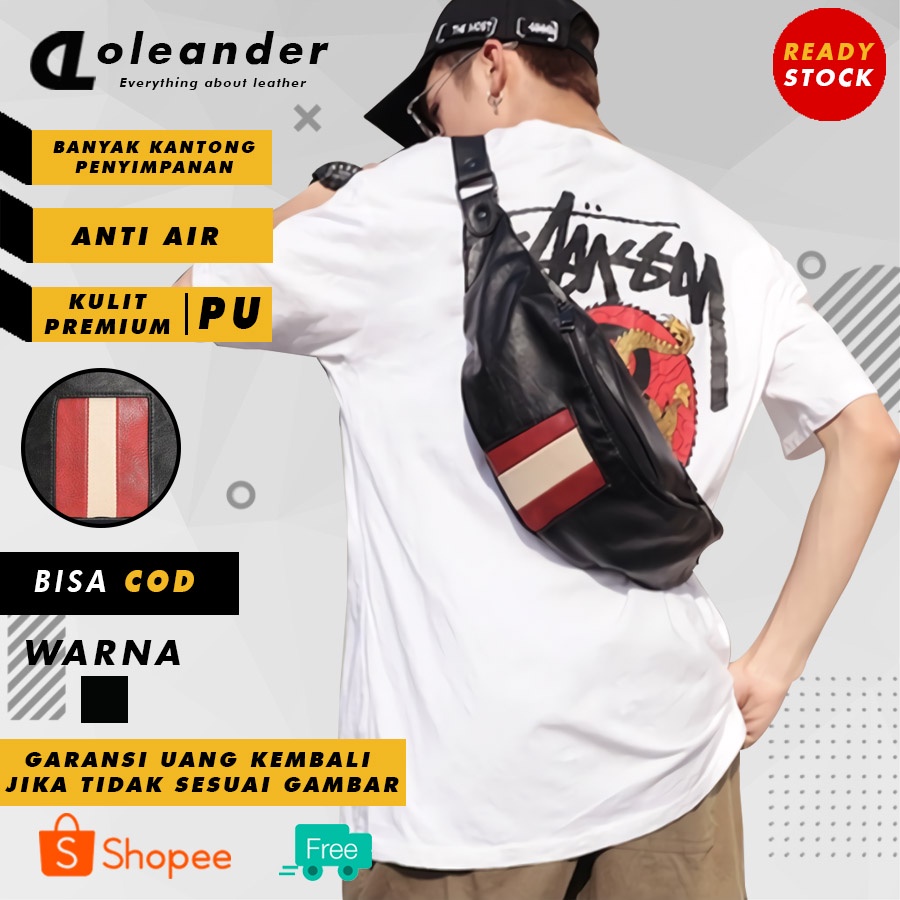 Tas Slempang Mini Hp Pria Kulit Distro Anti Air Original Cowok Murah Import Kecil USB RED LINE B51