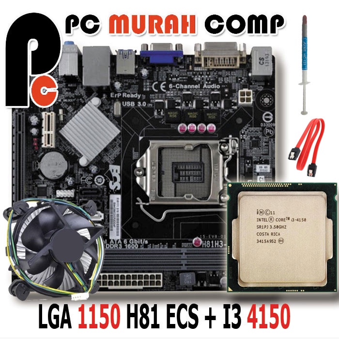 Motherboard Soket 1150 H81 merk ECS dengan Processor Intel i3 4150