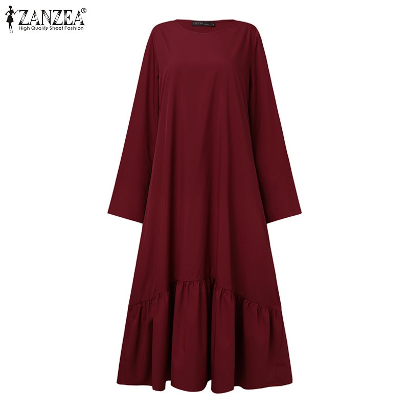 ZANZEA Women O-neck Long Sleeve Frilled Plain High Low Muslim Midi Dress