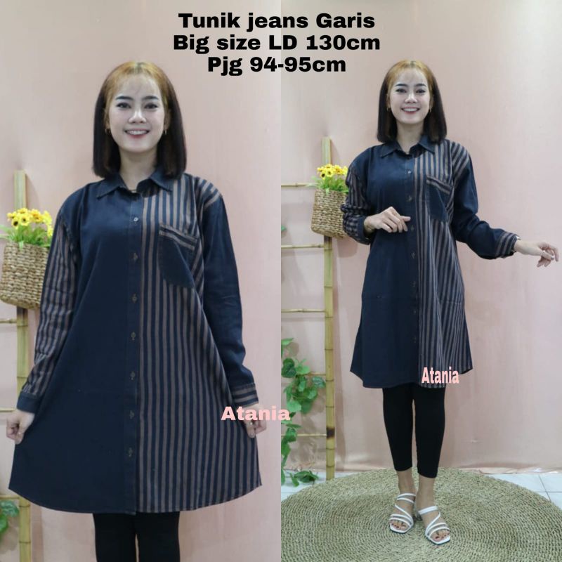 Tunik jeans jumbo LD 130cm XXXL motif garis garis-Baju wanita big size