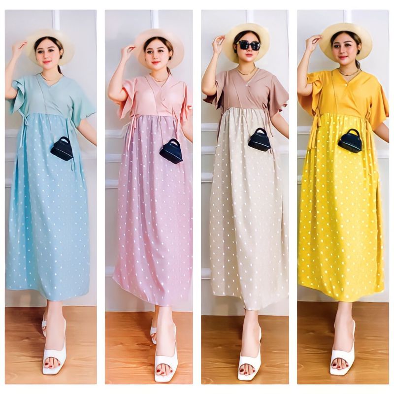 Dress Wanita Kareen Polkadot Shakila Premium Baju Wanita Lengan Pendek Fashion Kekinian LD 110 cm