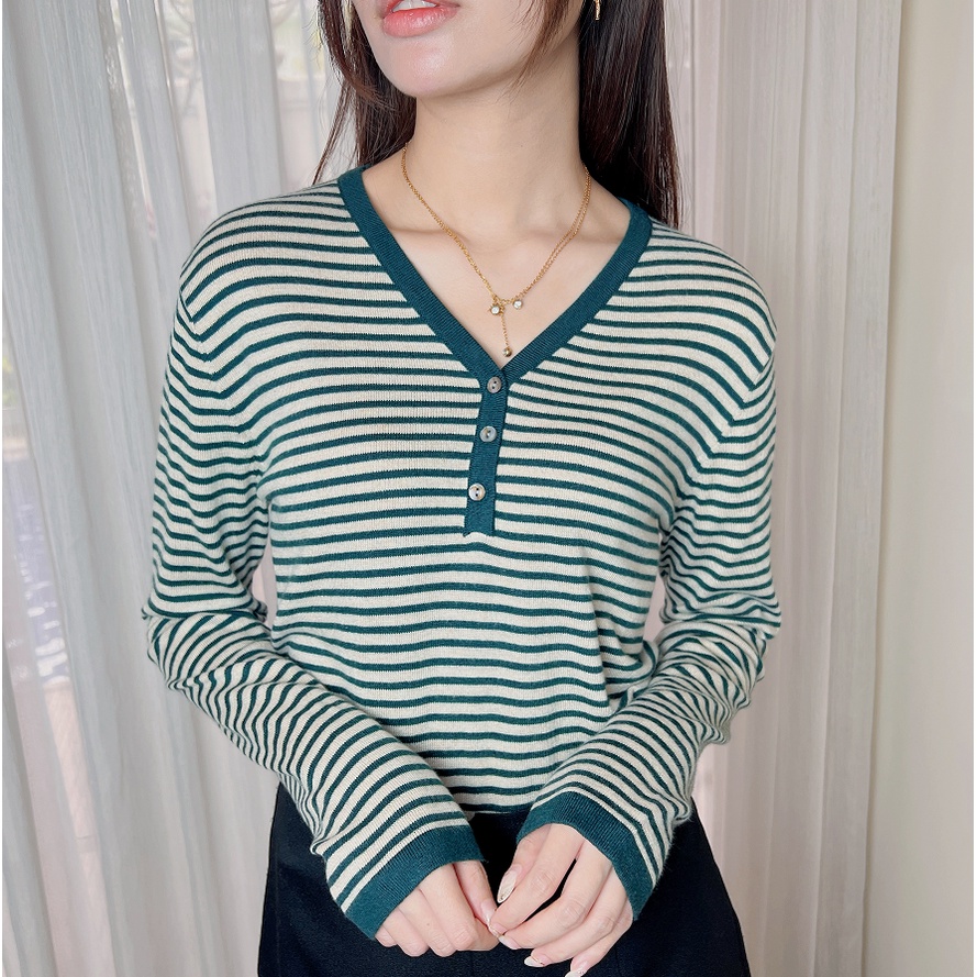 【Elegant】Summer  Striped Long Sleeves With Buttons knitting T-Shirt 7401