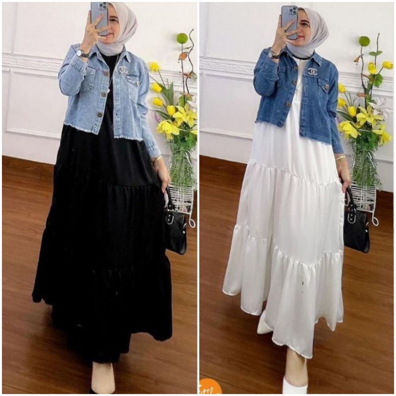 tamara set 2in1 gamis katun set jaket jeans/gamis katun dan jaket jeans/gamis katun wanita