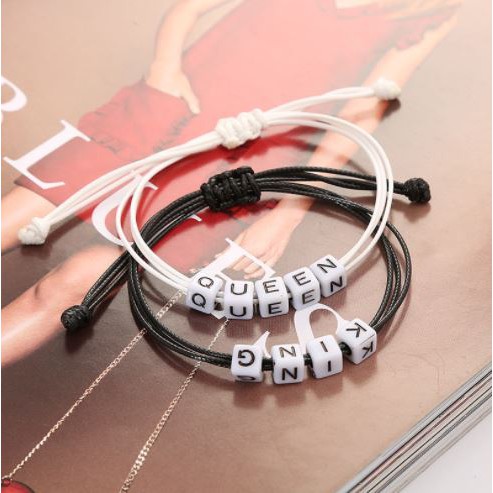 Gelang Couple Persahabatan Huruf Balok Putih Tulisan Hitam Tali Korea Waterproof