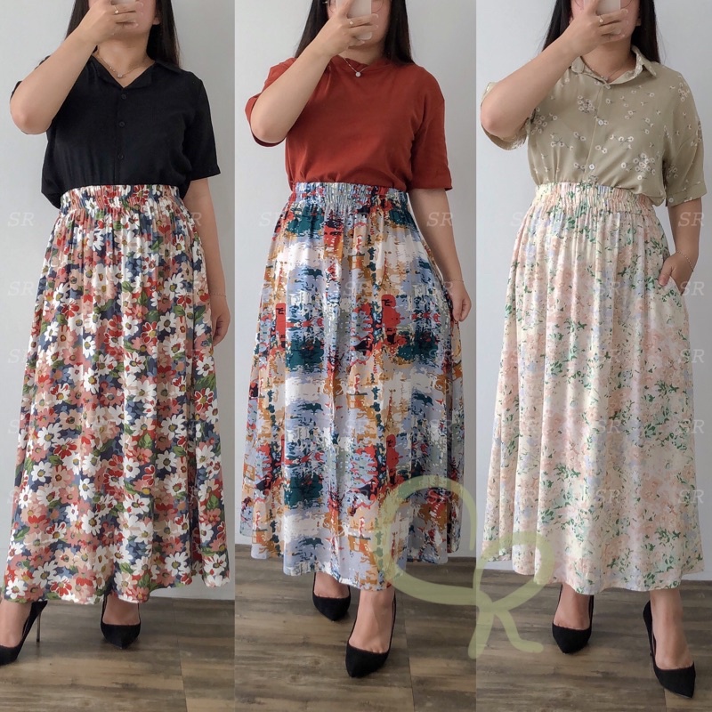 Rok Panjang Rayon Wanita Lebar Korean A-line Motif Floral Premium Ringan Dingin