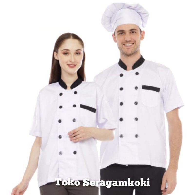 Baju chef baju koki lengan pendek kombinasi