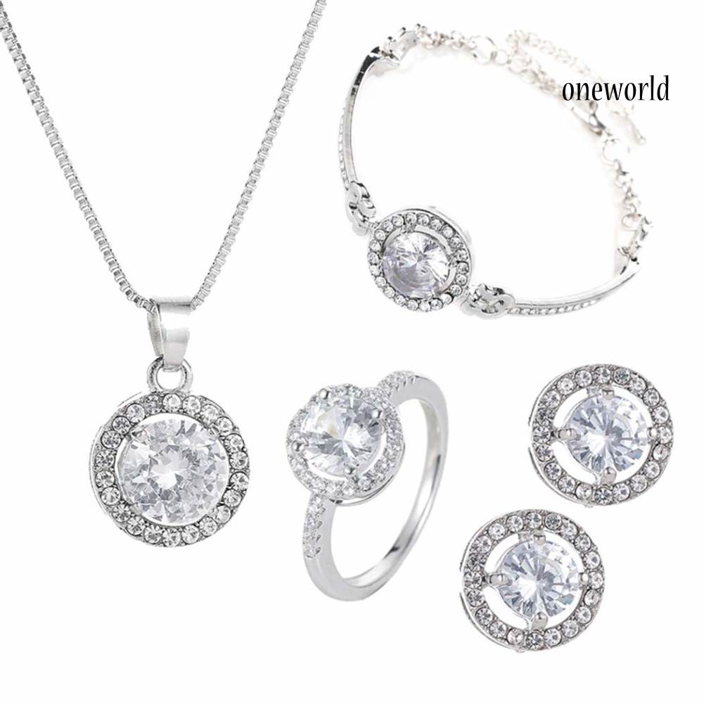 OW@ Wedding Bridal Jewelry Set Round Cubic Zirconia Necklace Bracelet Ring Earrings