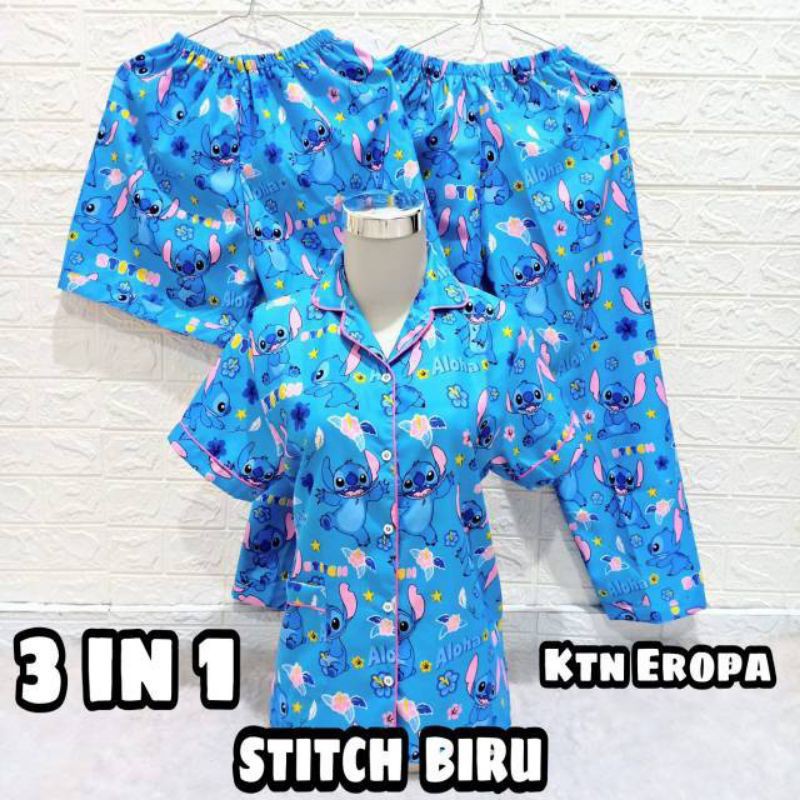 SEASOND IND 3in1 Piyama/Baju Tidur Wanita Dewasa Hello Kitty/L Fit to XL-Aloha Biru
