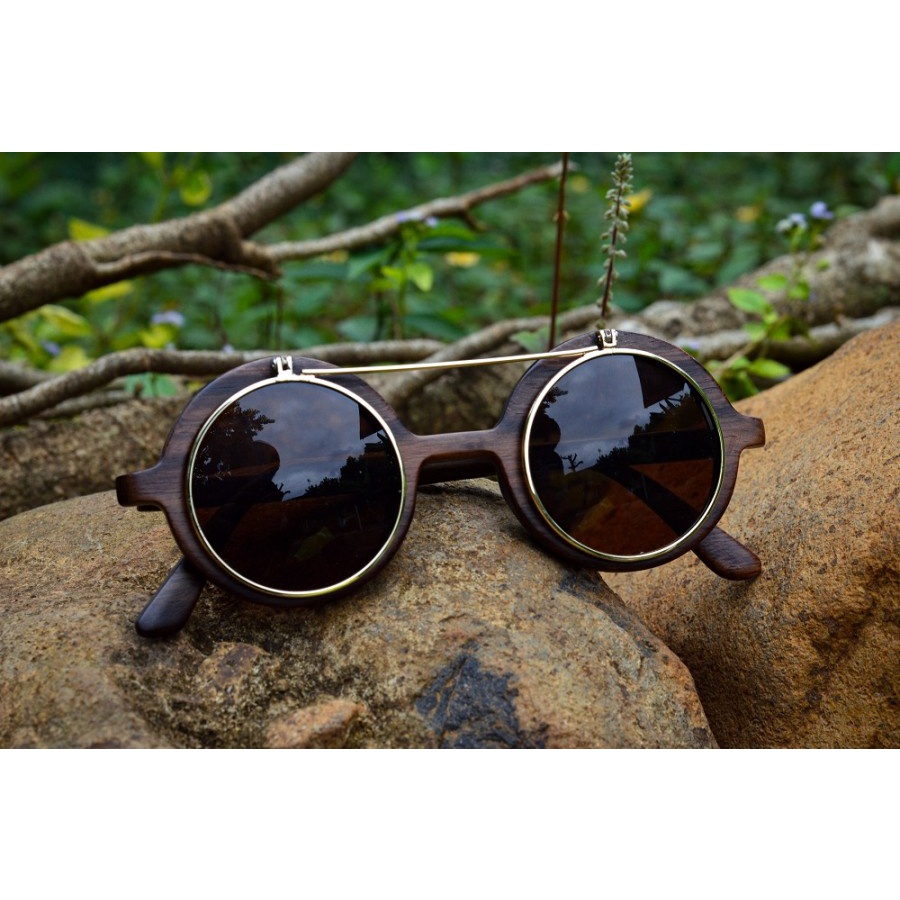 Kacamata CLIP ON Kacamata Kayu Clip On kacamata kayu bulat - Kayu Sonokeling