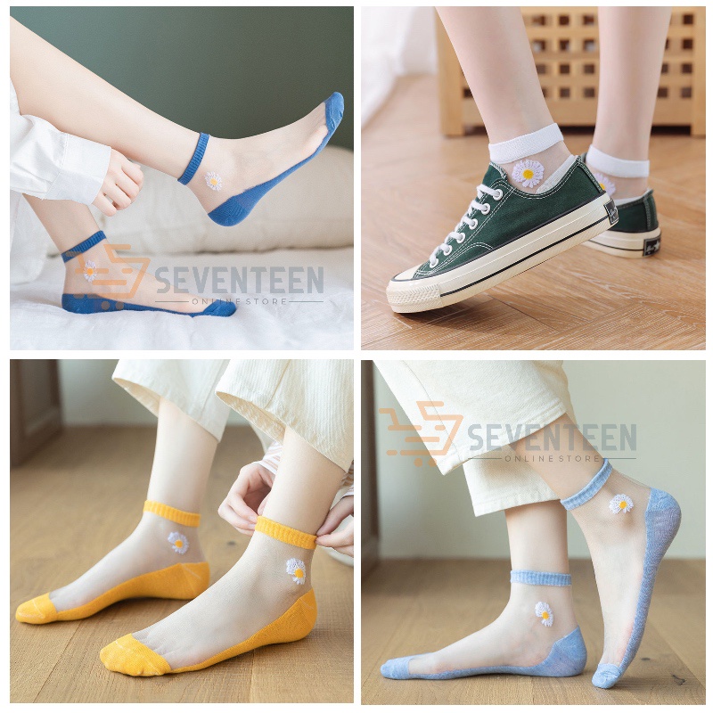 SEVENTEEN17 KAOS KAKI WANITA TRANSPARAN KAOS KAKI MOTIF BUNGA DAISY JAPANESE KAOS KAKI PENDEK FASHION WANITA ANAK KAOS KAKI GROSIR