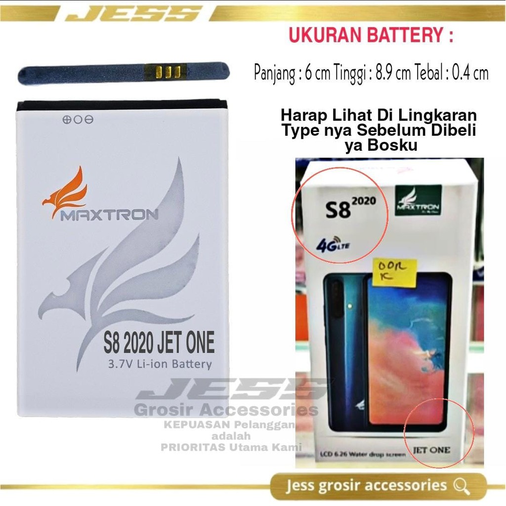 Baterai Original MAXTRON S8 JET ONE / X2 , S9 XT 4G LTE ukuran Battery P 6.0 cm T 8.9 cm L 0.4 cm