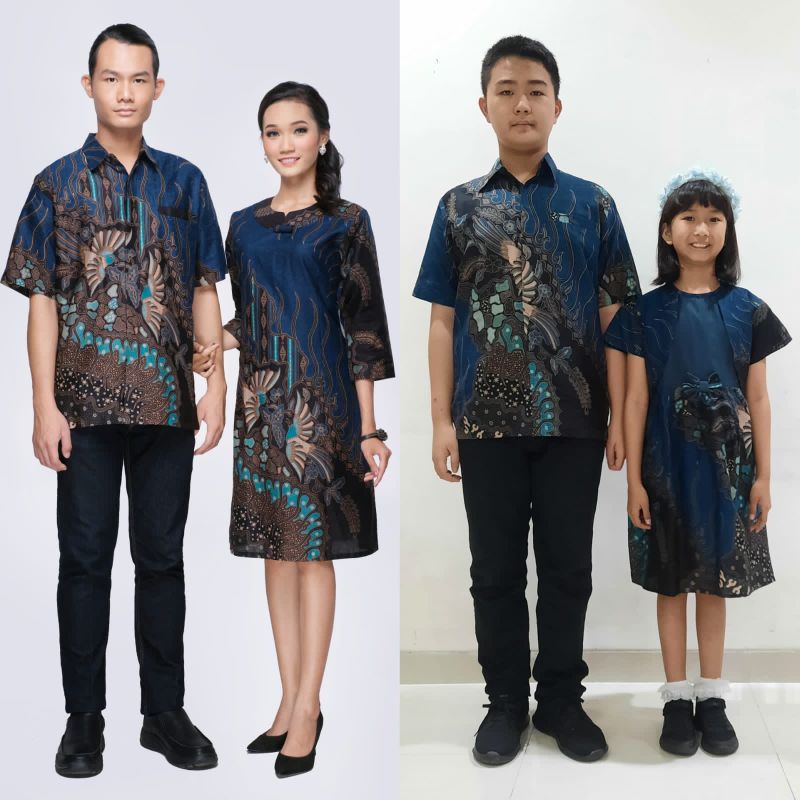Batik Cauple/Sarimbit Keluarga Dres Morina Keris Biru
