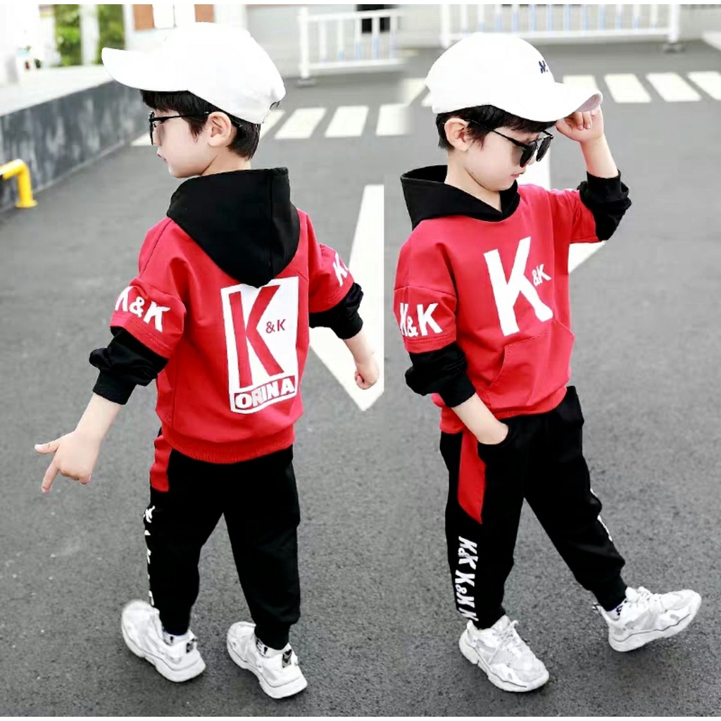 Setelan KK.ORINA Baju Anak Laki-laki Setelan Jaket Hoodie &amp; Celana Panjang Usia 4-8 Tahun ZP