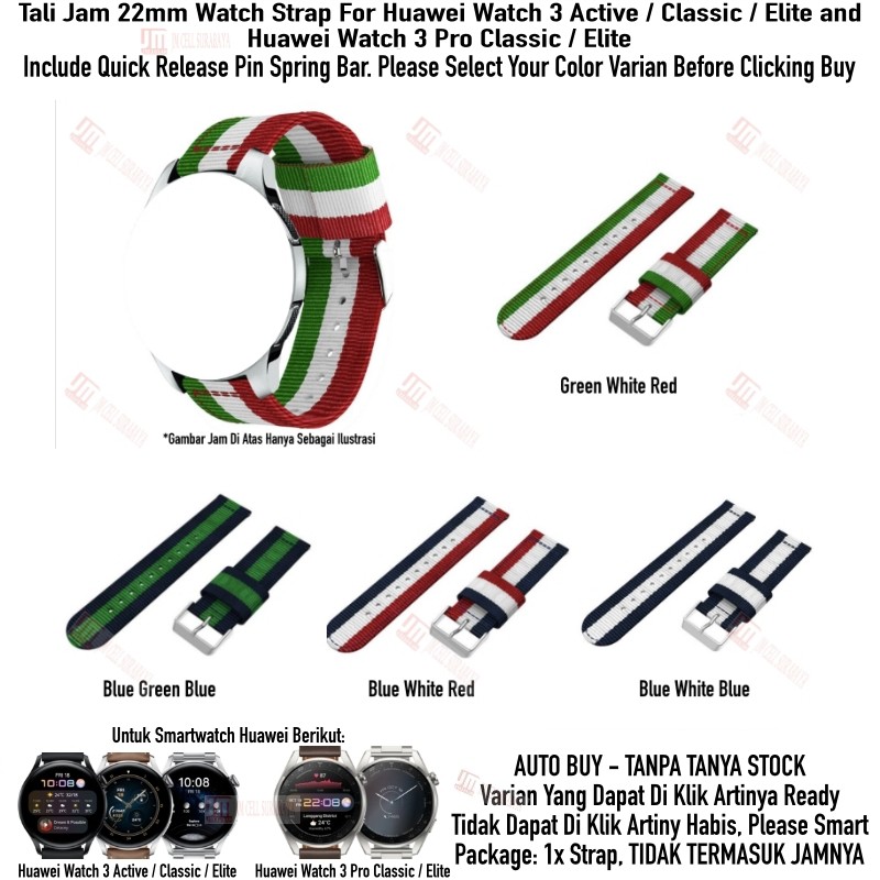 Tali Jam 22mm Watch Strap Huawei Watch 3 Pro Classic Elite Active - Nylon 3 Baris