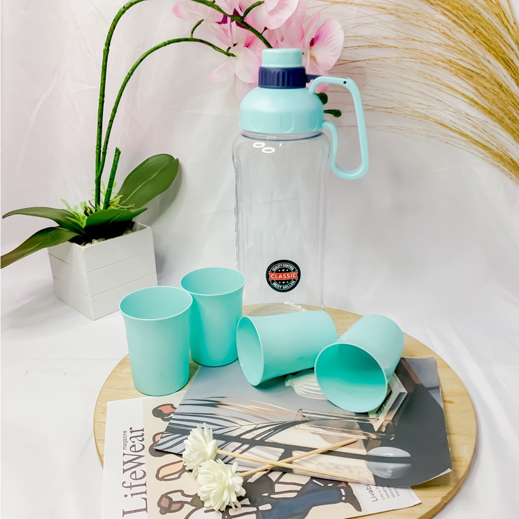 Botol Set Plus Gelas Plastik  4 in 1 / Teko Pitcher Kapasitas  2.2L Simple dan Praktis