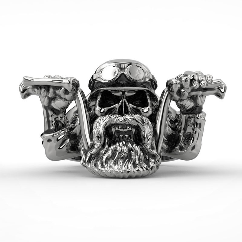 Cincin Model Tengkorak Jenggot Warna Silver Gaya Punk Untuk Pria