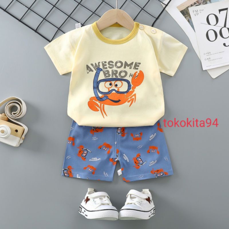 Setelan Baju Anak  Import Motif Lucu Kartun Baju + Celana - Baju Bayi 1Set Atas Bawah Korea Motif Kartun - Baju Anak Homewear 1Set Cewek Cowok Korea Import Lengan Pendek- Stelan Baju Anak Import