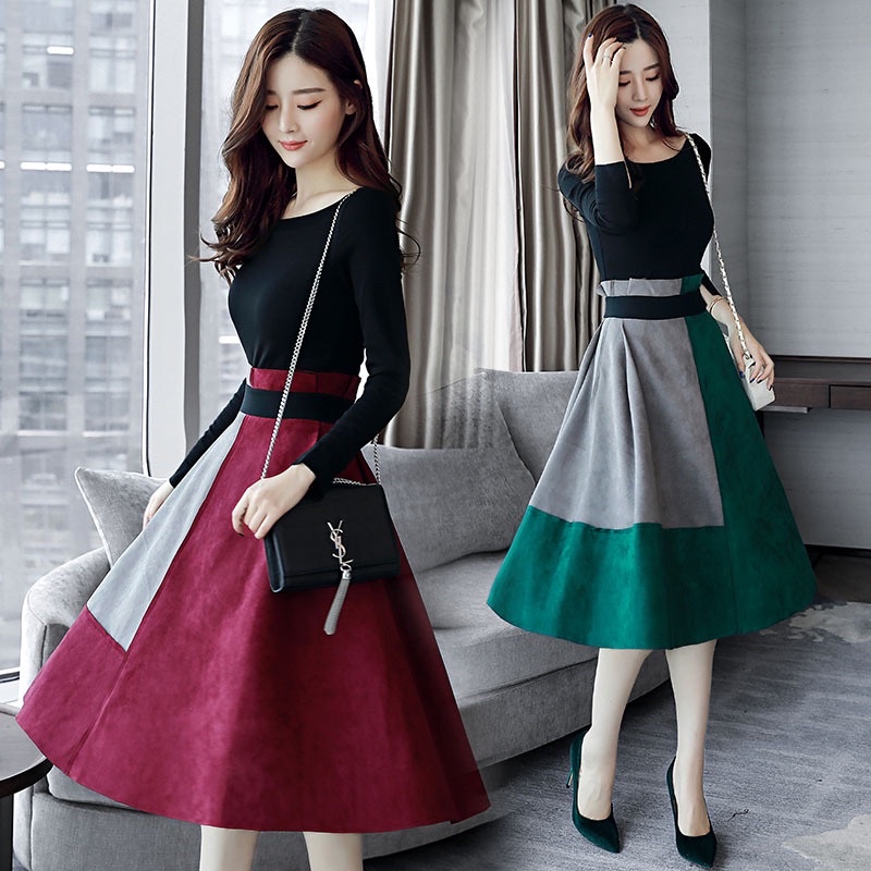 [ Retro Series ] Setelan Set Rok Suede Color Block Midi 7/8  + Atasan Import Premium ( Suede Skirt + Top )