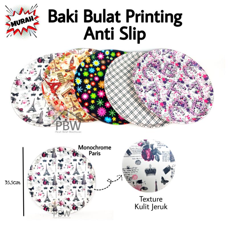 Baki Bulat Plastik Anti Slip / Nampan Bulat Plastik / Baki Bulat Motif