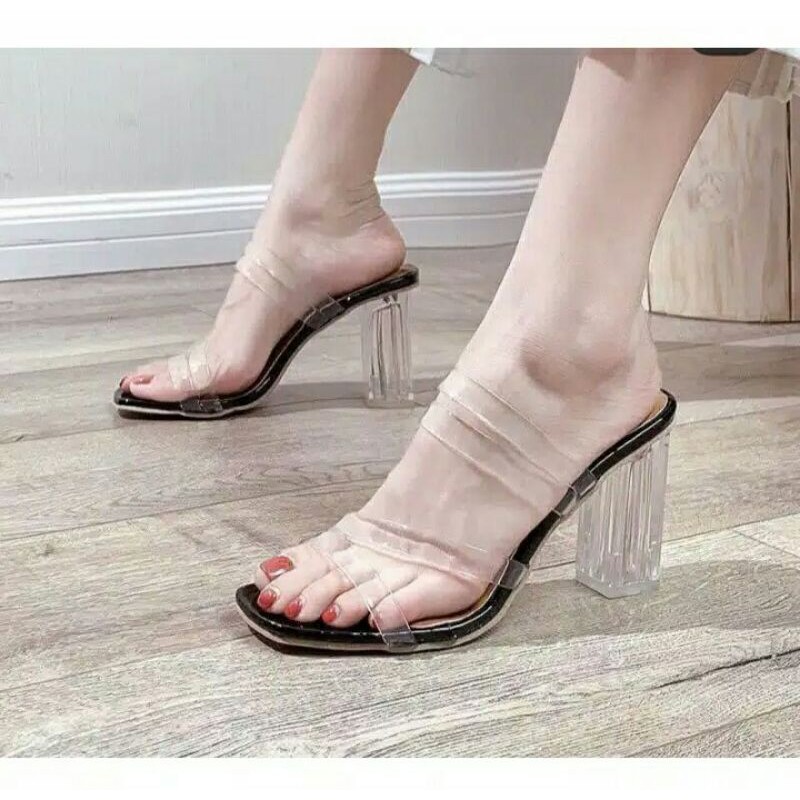 Sandal wanita hak kaca jelly glossy terbaru h01