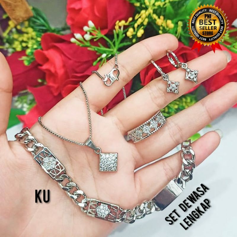 SET PERHIASAN DEWASA WARNA SILVER BAHAN LAPIS EMAS PUTIH ANTI KARAT