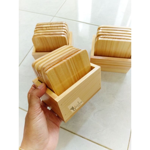 Tatakan Kayu / Tatakan Gelas Kotak Set + Tempat / Alas Gelas Set / Coaster Set
