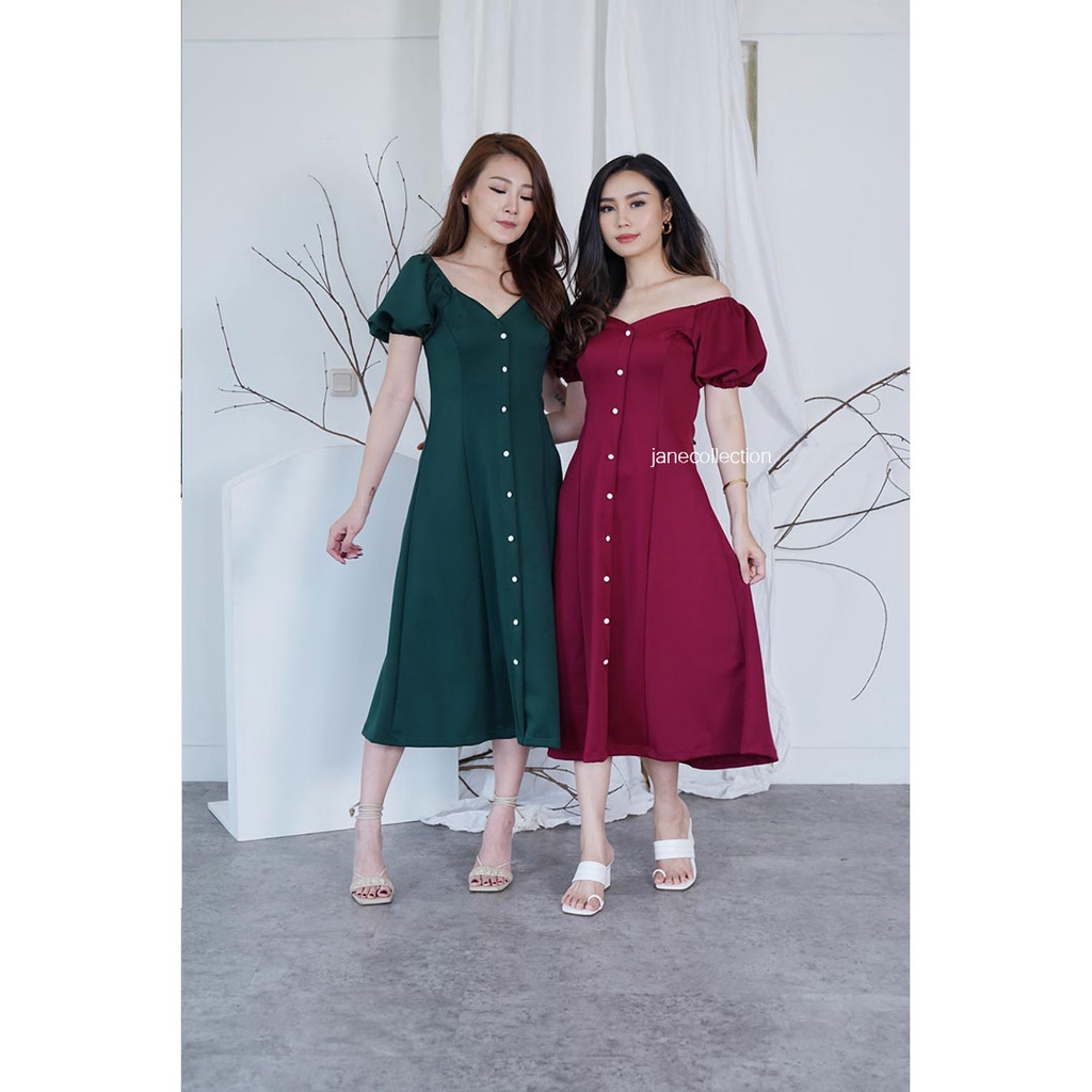 JANE COLLECTION || Maxi Dress Pesta Rok A Line Skirt Party Elegant Kancing Hidup Busui Friendly Baju Ibu Menyusui Lengan Balon / Lengan Pendek Karet Sabrina Baju Natal Christmas Imlek Chinese New Year Merah Maroon Hijau Emerald Hitam Putih Dress Brenda